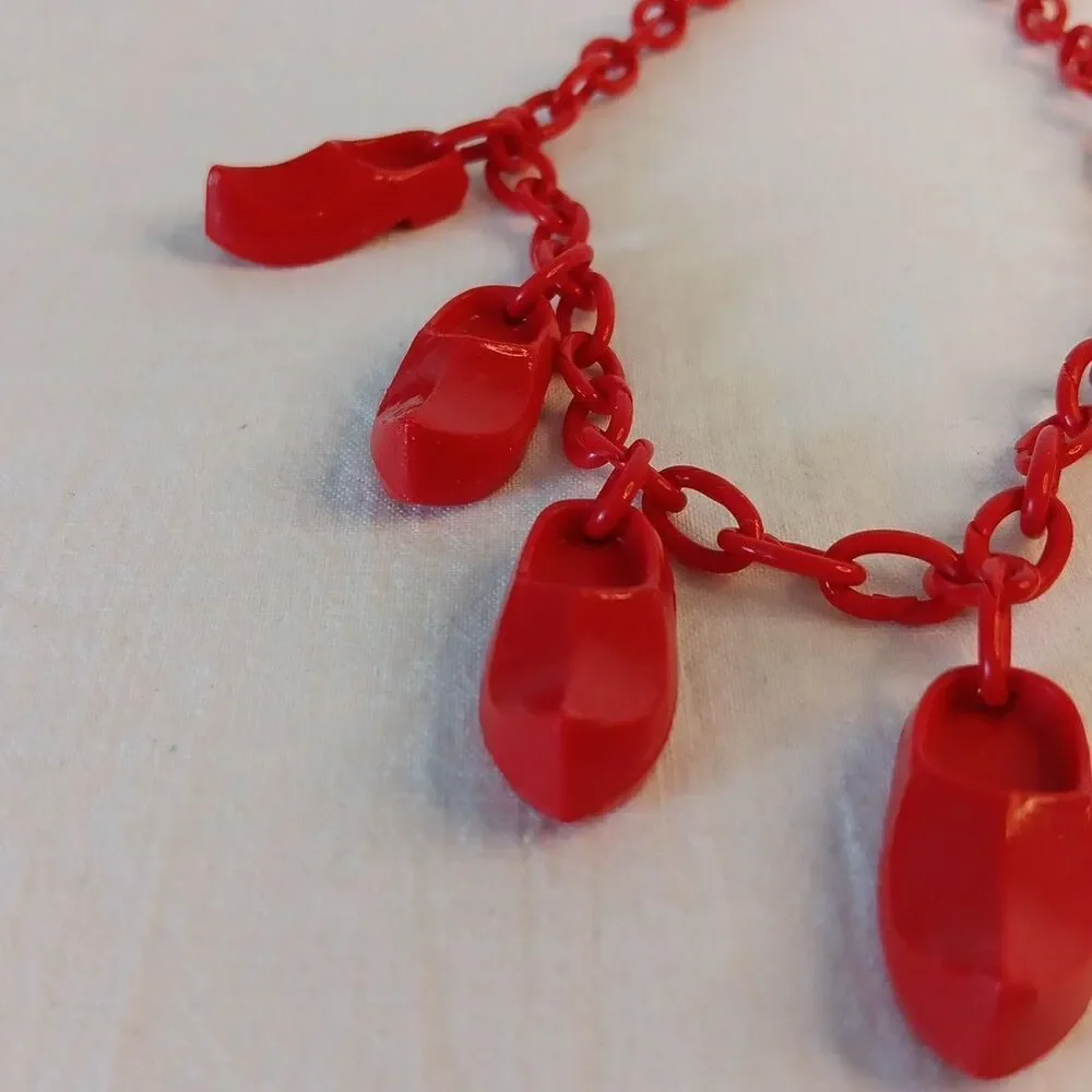1930s-1940s Red Celluloid Clog Necklace Choker Plastic Whimsical 15in Red Shoes